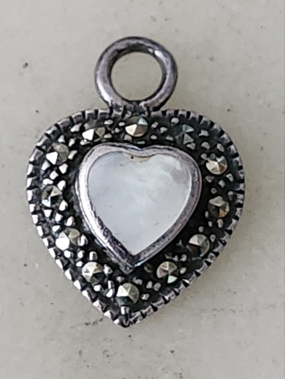 Vtg Sterling Silver Mother Of Pearl Marcasite Stones Heart Pendant Charm